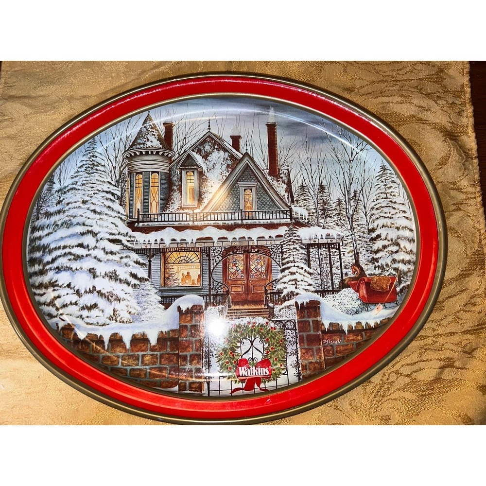 Vtg 1970s Watkins Metal Tin Tray The Watkins Story Victorian House Christmas